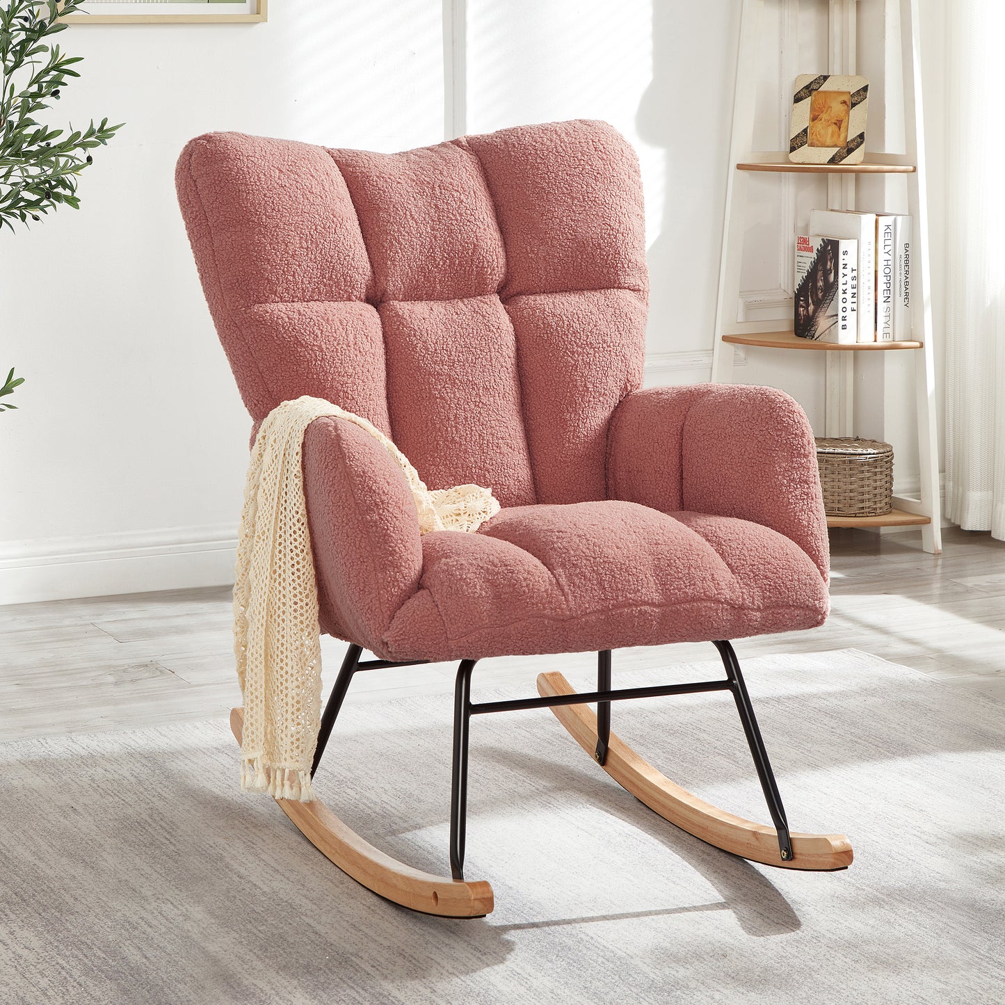 Tufted Upholstered Teddy Fabric Rocking Chair - Pink