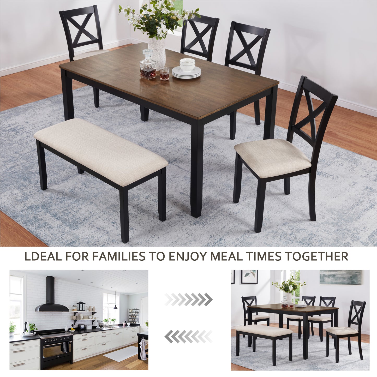 6-Piece Dining Table Set with Bench - Classic Black & Oak