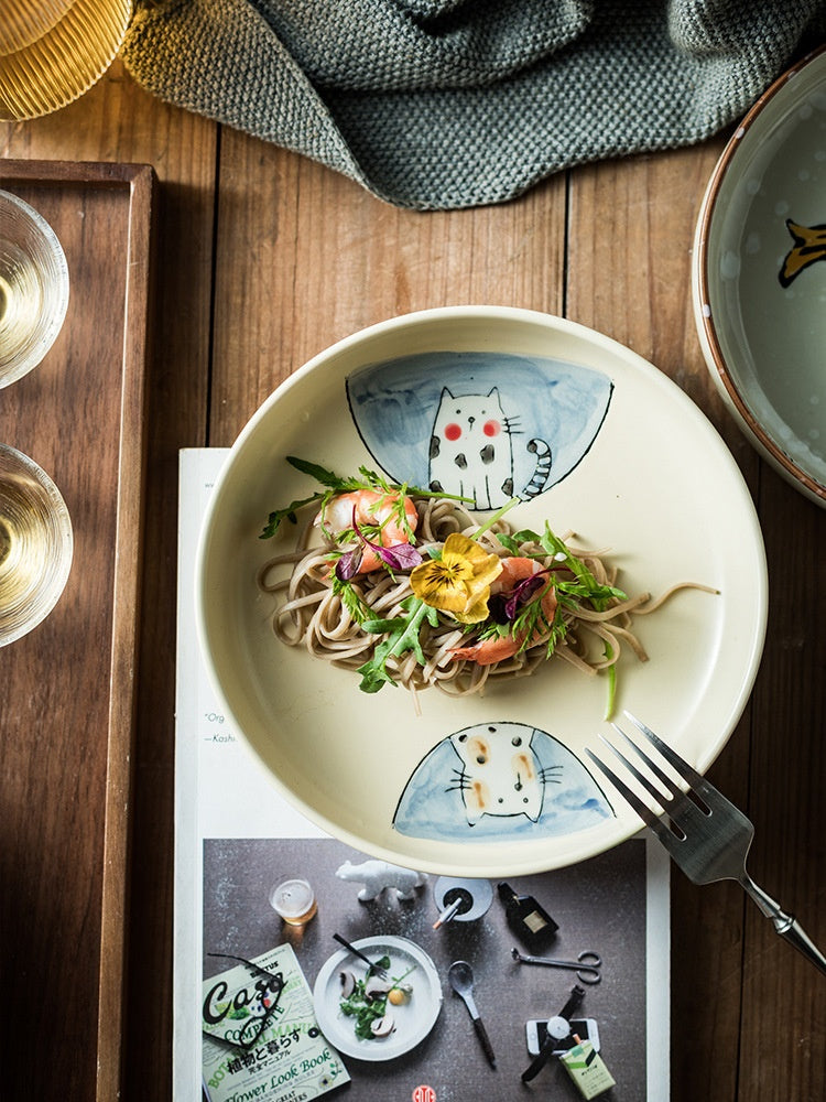 Ceramic Cat Plate Set - Deep Round Dinnerware for Home & Gift
