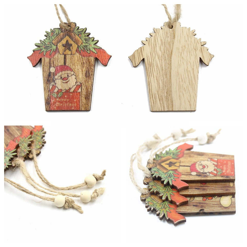 Wooden House Shape Santa Elk Christmas Pendant Set - Festive Decor