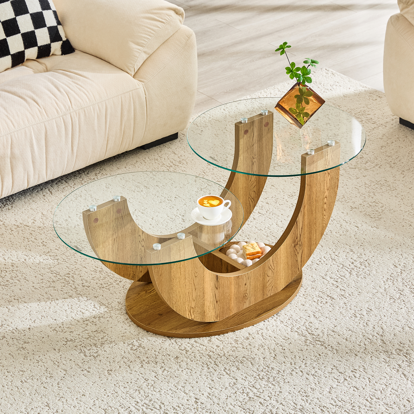 U-Shaped Double-Tier Glass Coffee Table with MDF Base