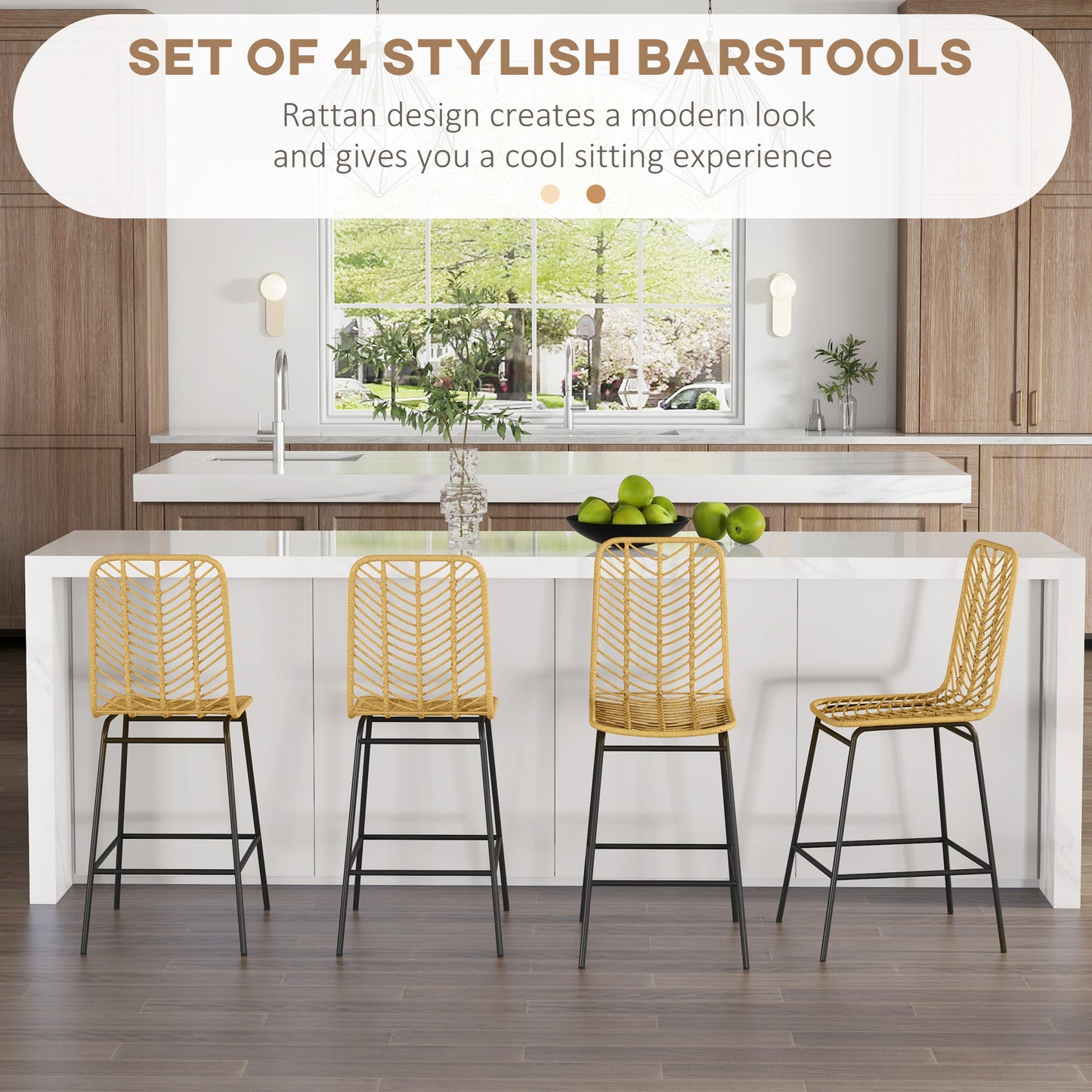 Set of 4 Yellow Rattan Bar Stools with Steel Legs & Footrest
