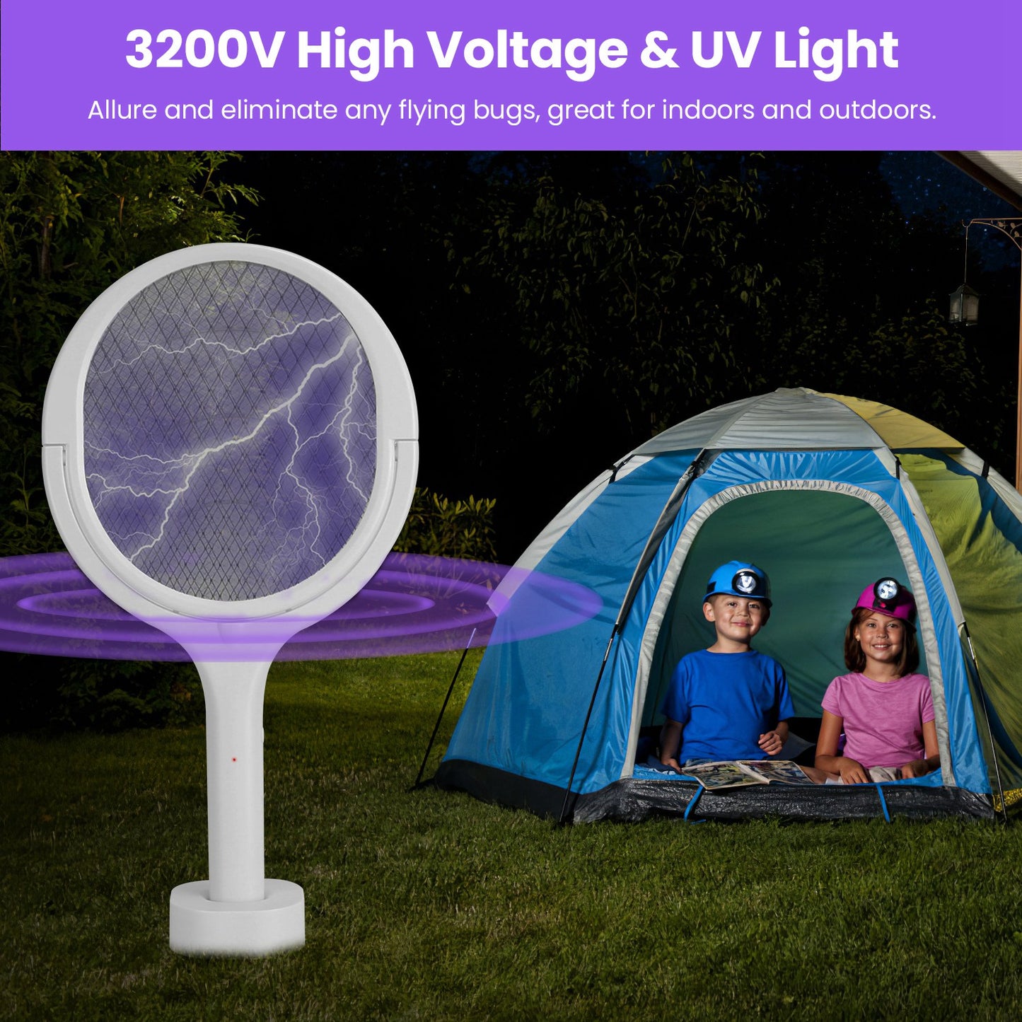Electric Bug Zapper Racket with Rotating Head & Telescopic Extension - Indoor Outdoor Mosquito Swatter