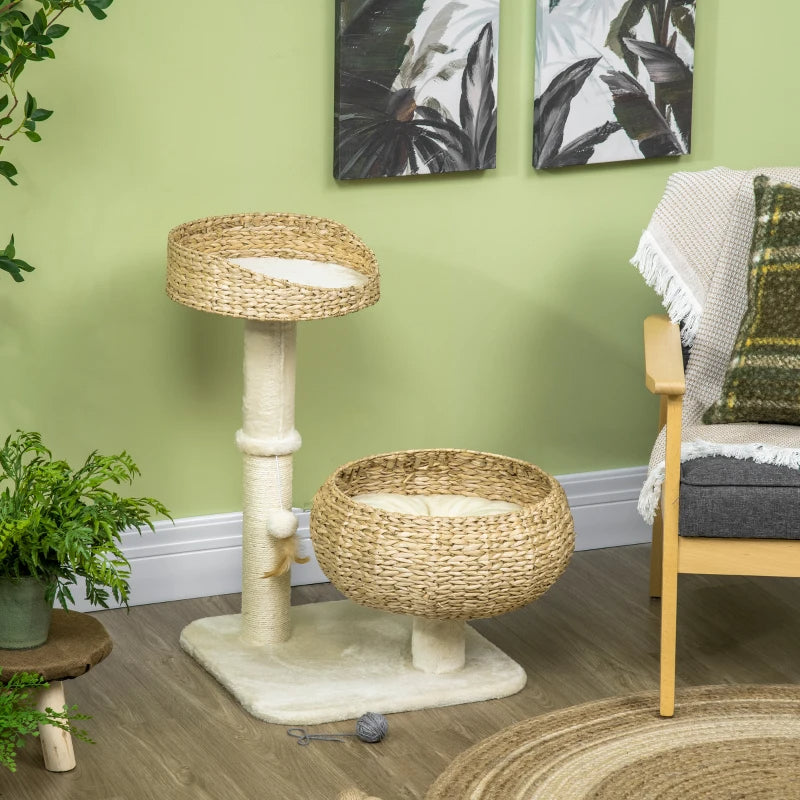 Elevated Cat Bed with Sisal Scratching Post and Toy - Small Modern Cat Tree, Beige Cream