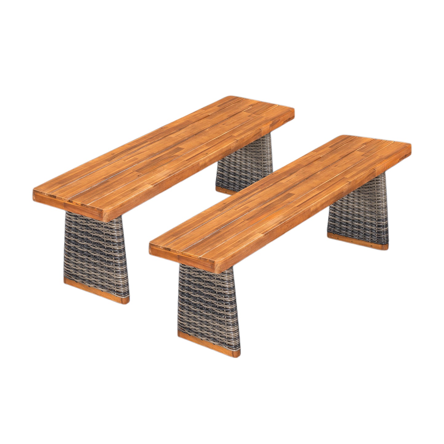 Acacia Wood Outdoor Bench Set of 2 - Grey Teak Finish