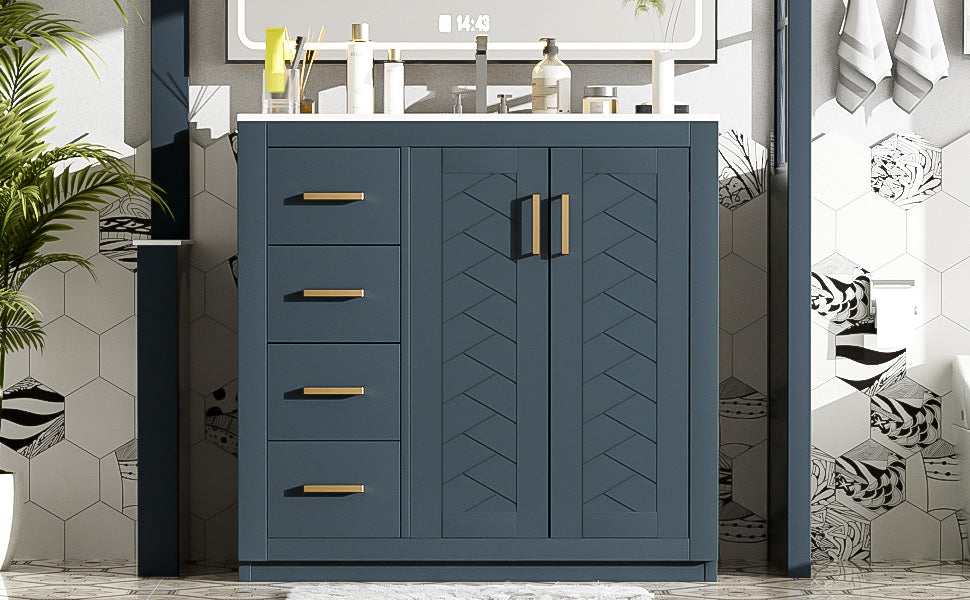 36-Inch Blue Bathroom Vanity with Ceramic Sink & Storage Cabinet