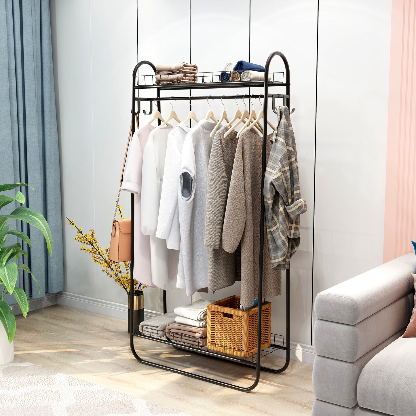 Heavy Duty Freestanding Clothes Rack with Double Shelves - Black