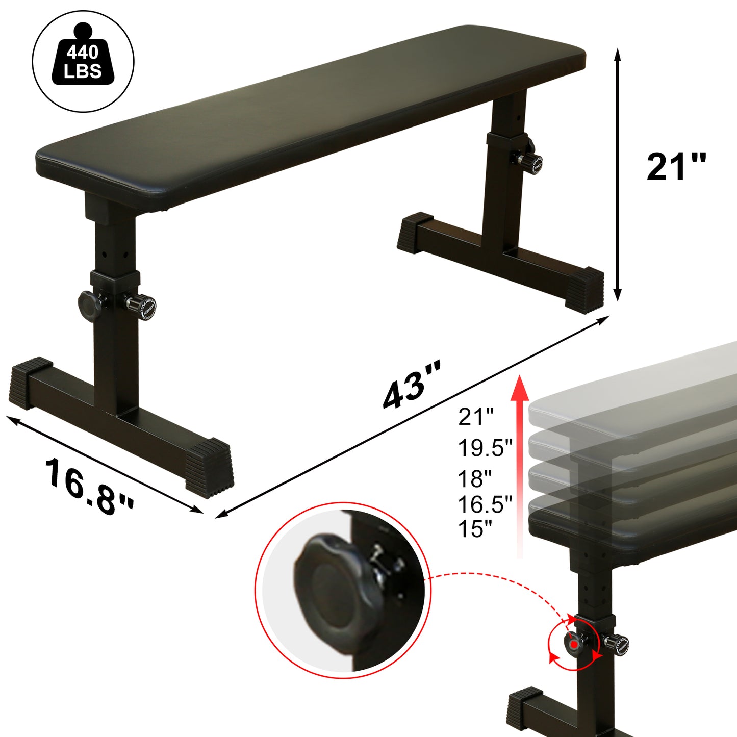 Flat Weight Bench for Strength Training - 5 Adjustable Heights