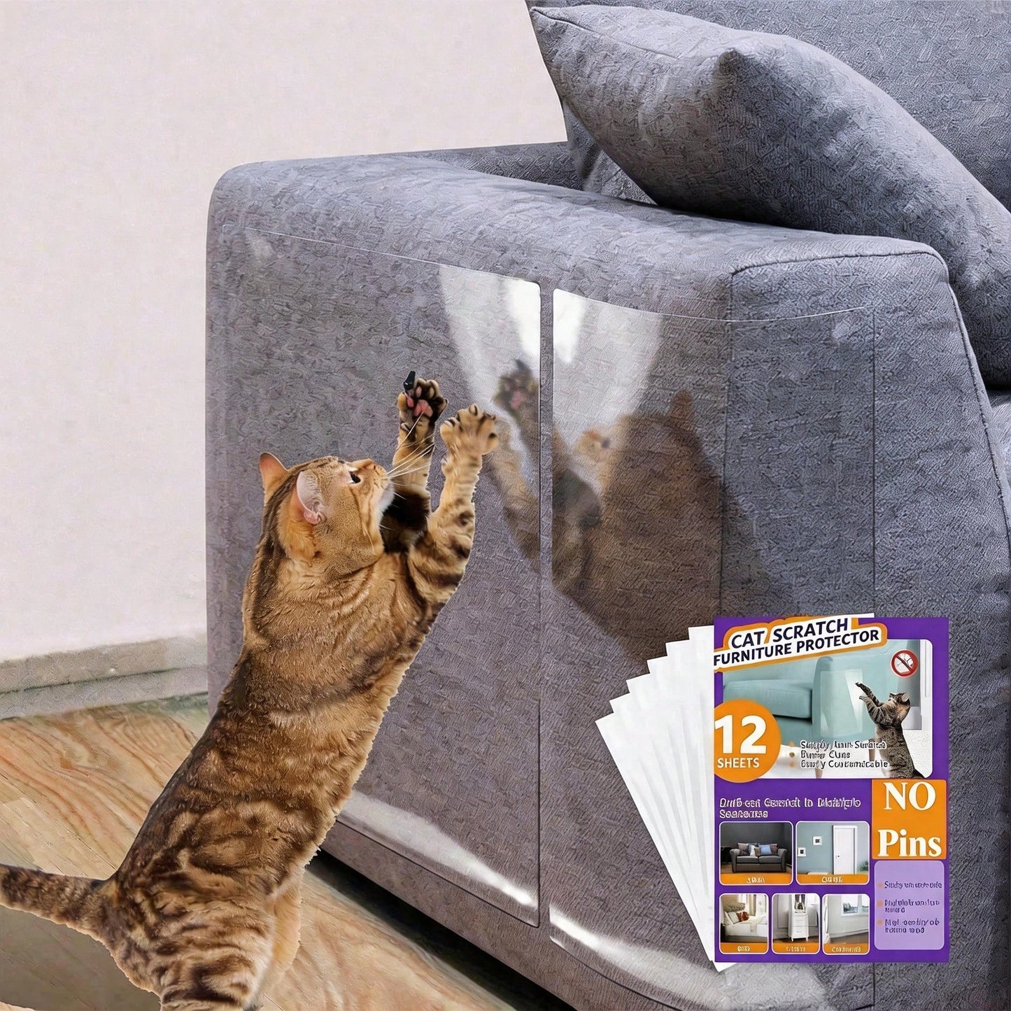 Self-Adhesive Cat Scratch Protector Set - Transparent Furniture & Door Guard, 12 Pack