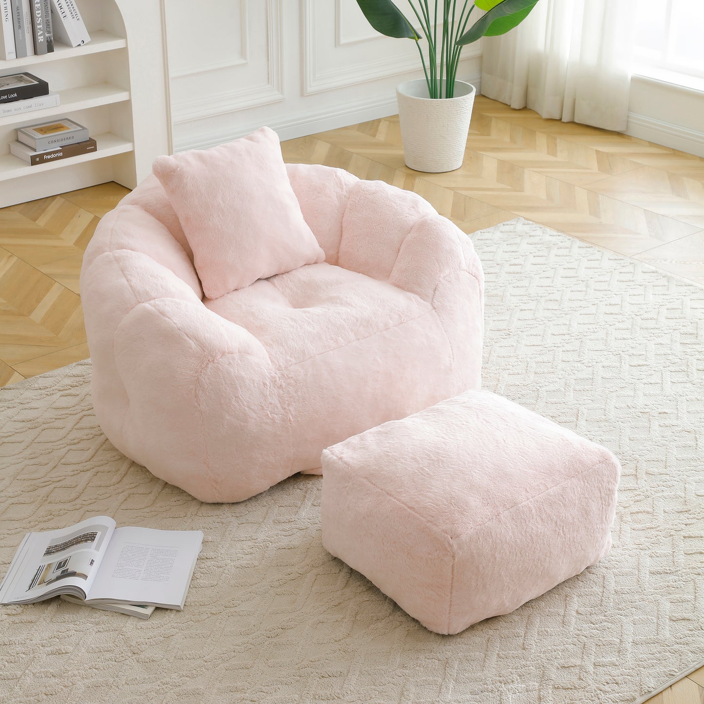 Oversized Faux Fur Bean Bag Chair with Footstool - Pink