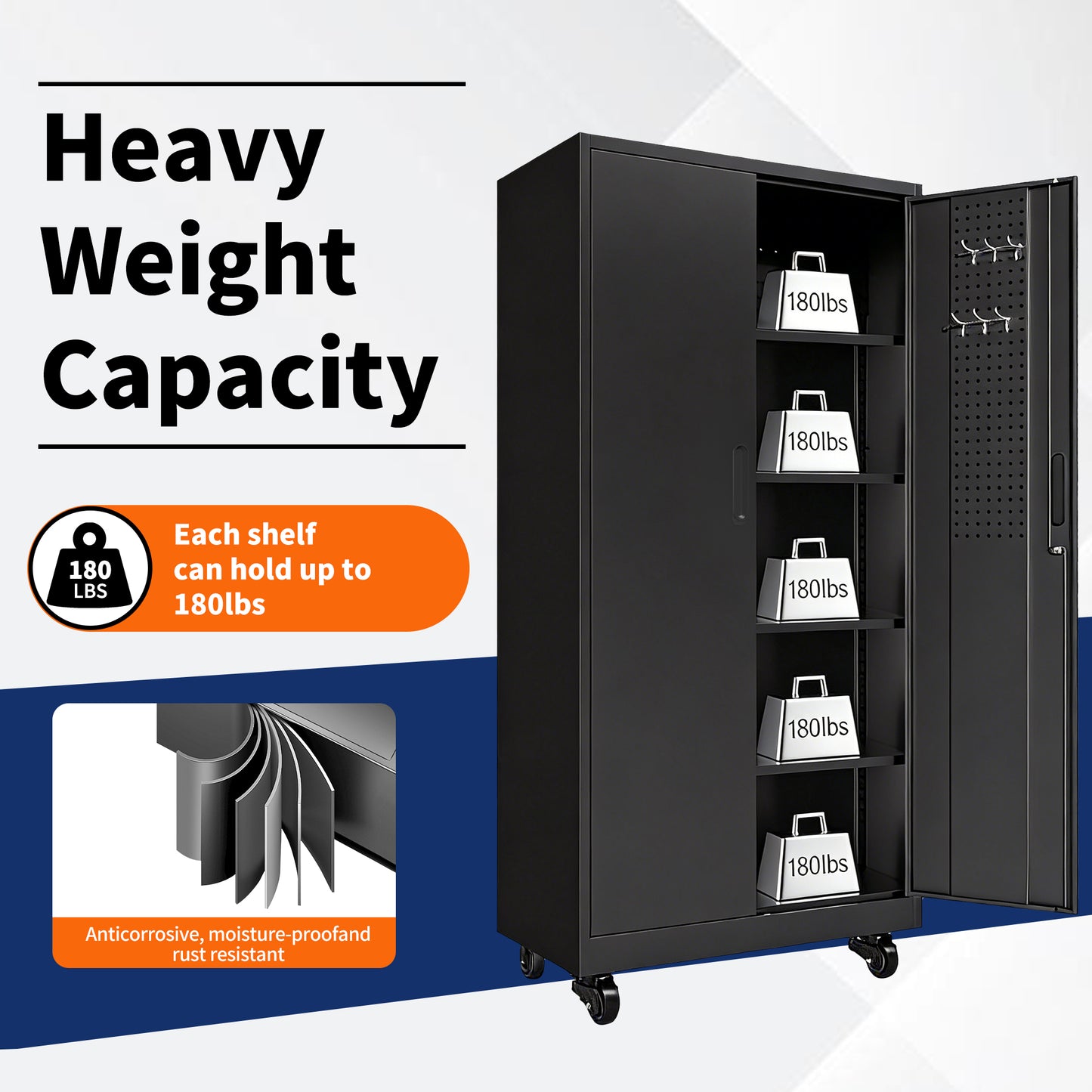 Heavy Duty Metal Storage Cabinet With Doors And Wheels, 71 Tall