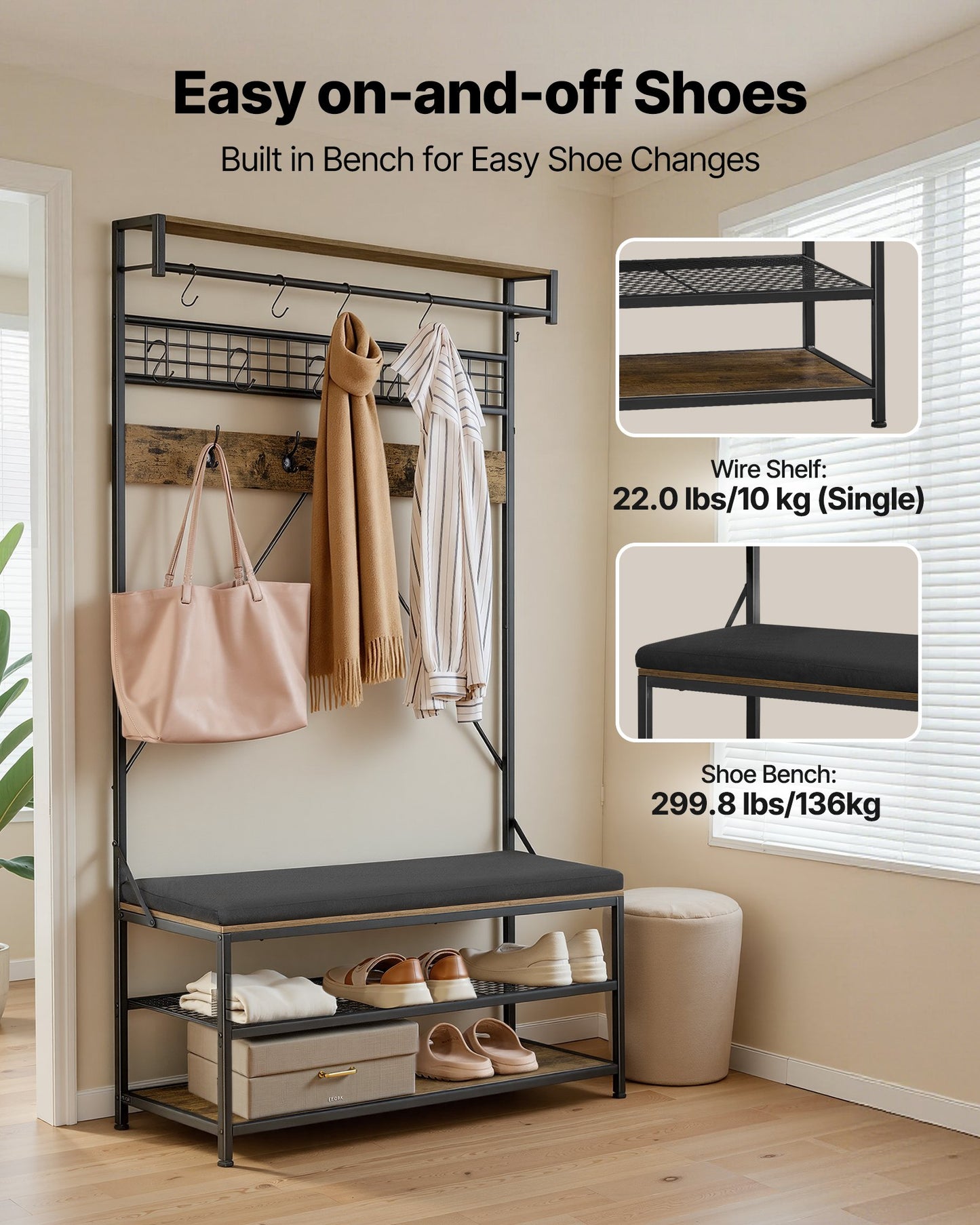 72 Inch Coat Rack with Shoe Bench and 2-Tier Shoe Storage - Freestanding Entryway Organizer, Hooks & Hanging Rod, Steel Frame, Black