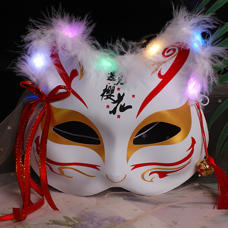 Halloween Party Luminous Feather Fox Mask Two-Faced Cat Face Mask