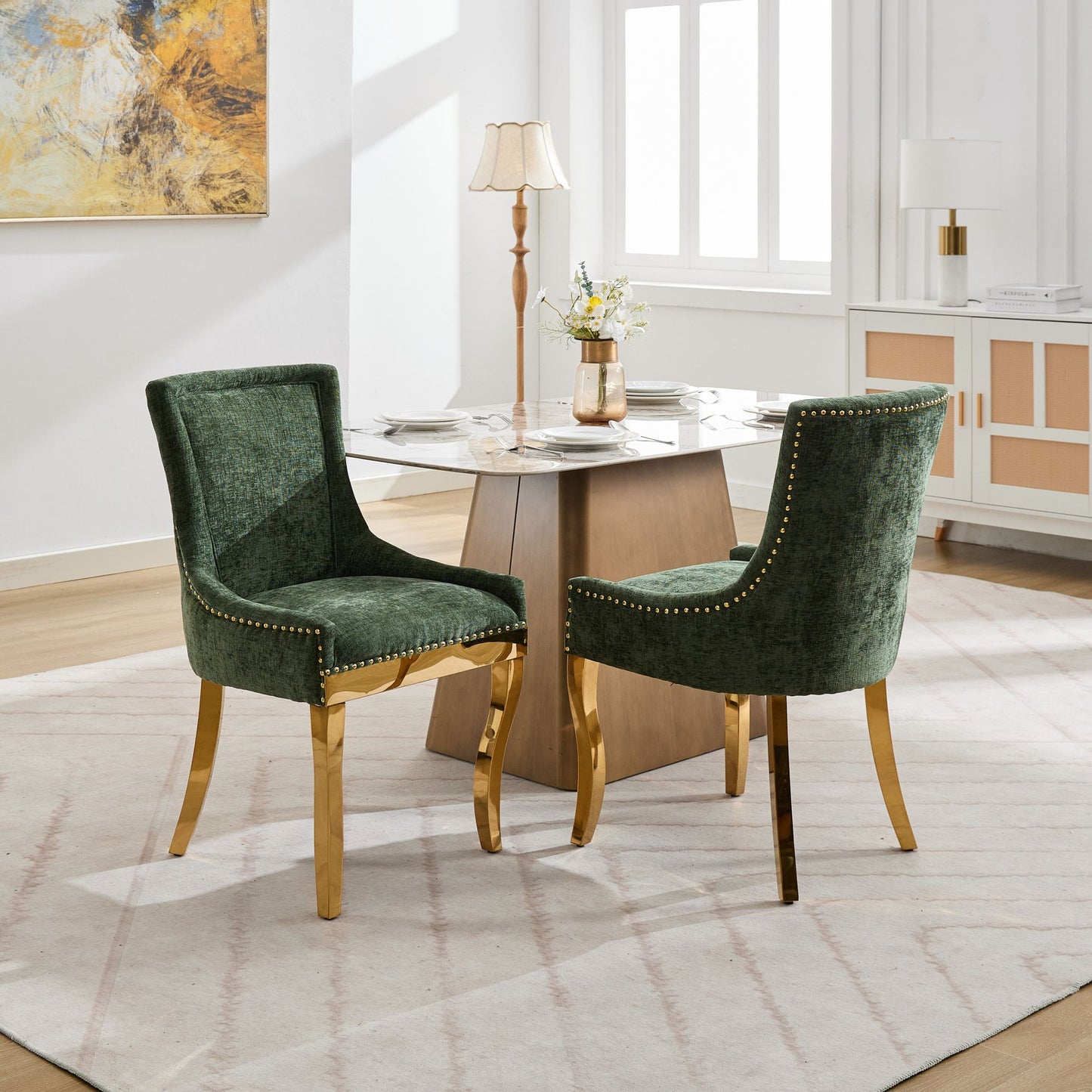 Chenille Dining Chairs, Modern Style With Curved Gold - Plated Legs &