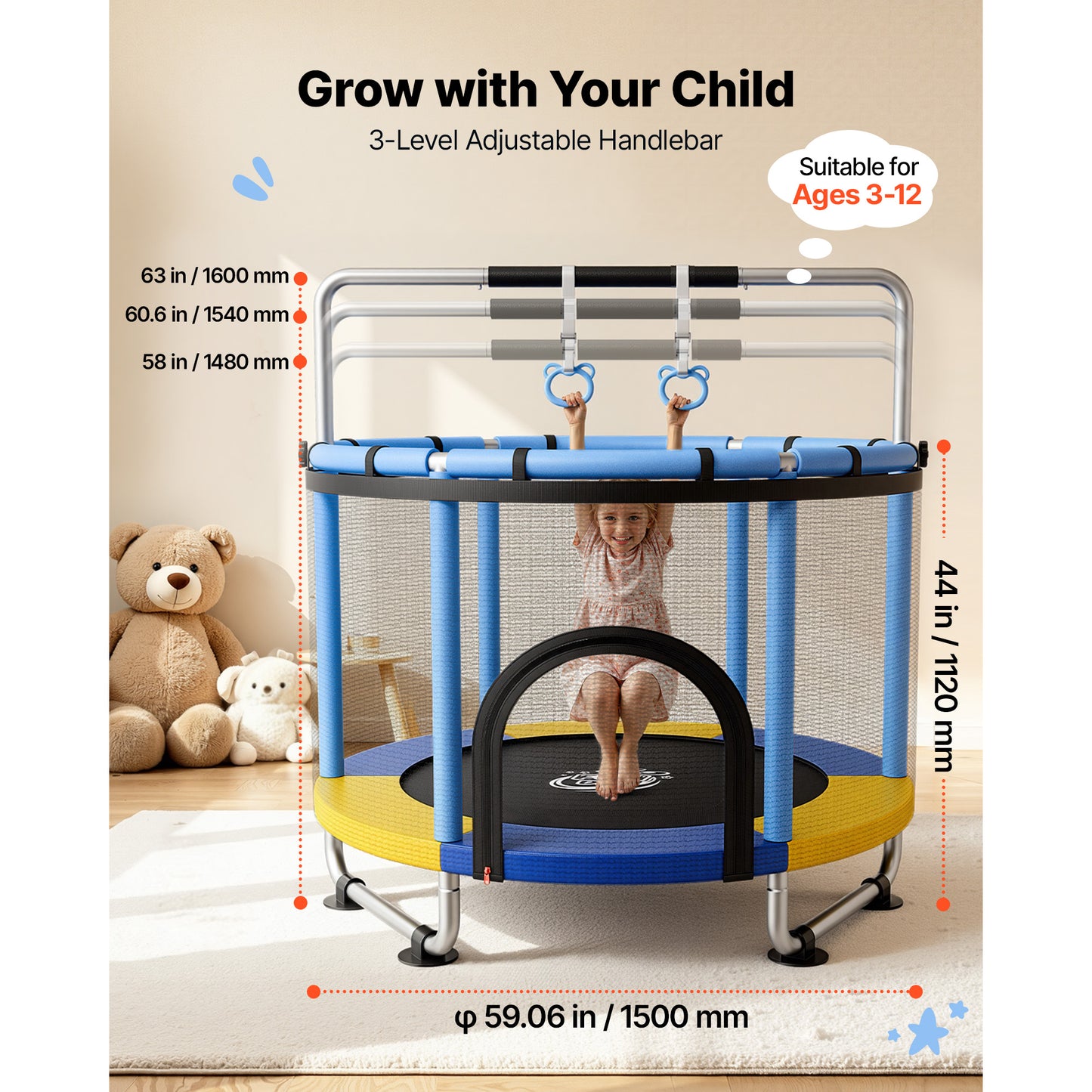 60-Inch Kids Trampoline with Enclosure and Adjustable Gymnastics Bar - Indoor Outdoor Play Toy