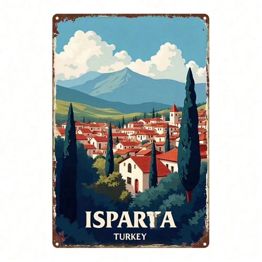 Vintage Turkish Isparta Landscape Metal Sign - 8x12 Inch Wall Art