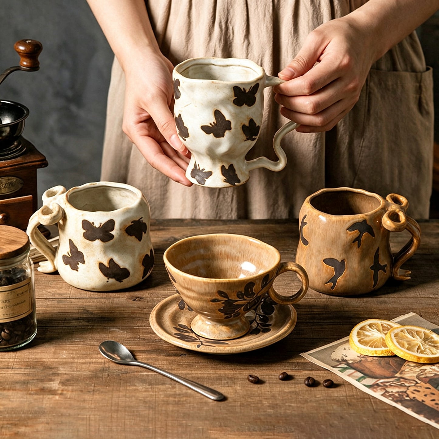 Ceramic Coffee Mug Set - Kiln-Shift Household Drinkware with Floral Patterns