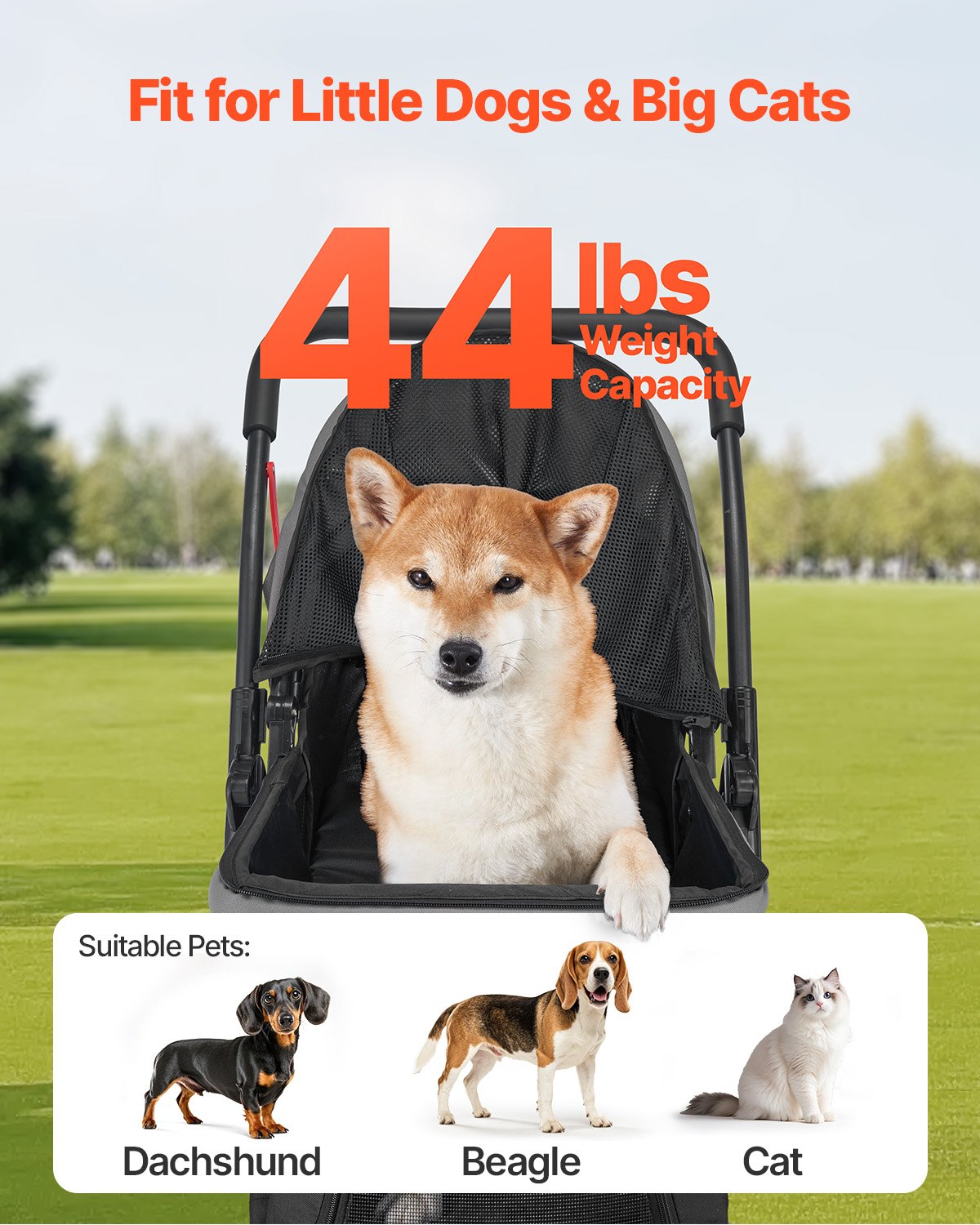 Foldable Pet Stroller for Small to Medium Dogs and Cats - Reversible Handle, Up to 44lbs