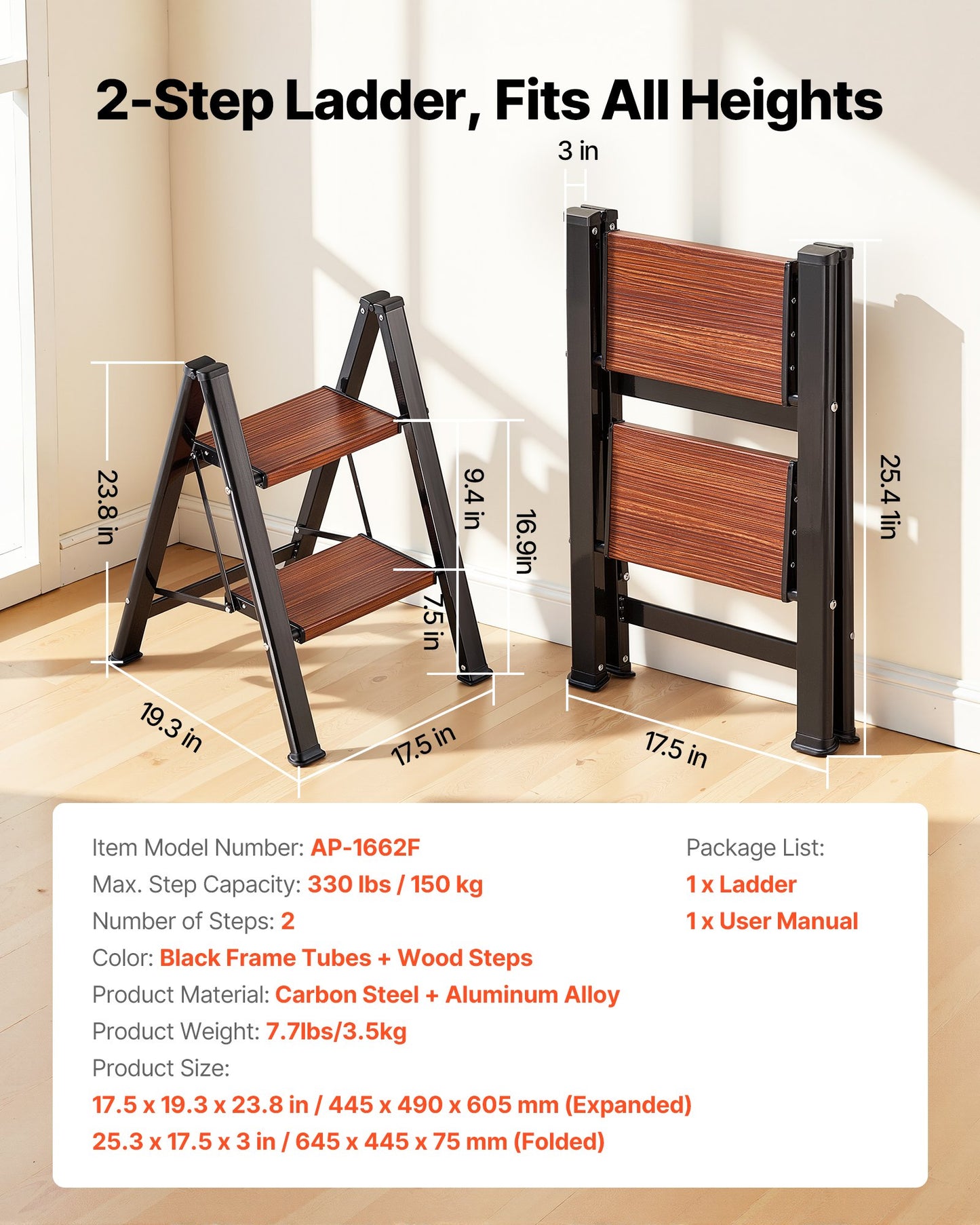 2-Step Folding Ladder with Anti-Slip Pedal & Handgrip - Lightweight Aluminum Support