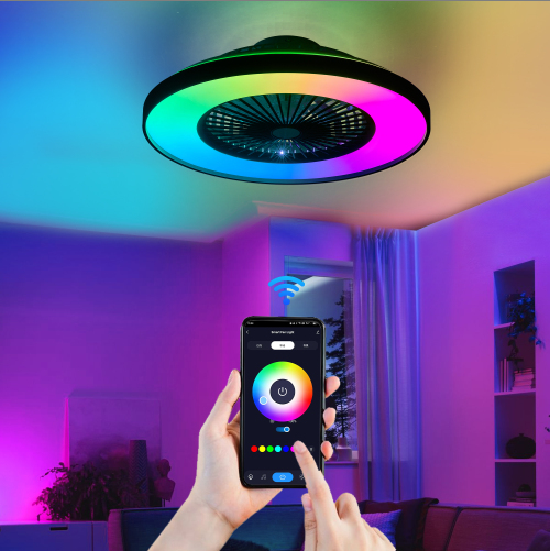 Black Ceiling Fan Light with RGB LED, Dimmable & Remote Control - Modern Smart Fan for Living Room & Bedroom