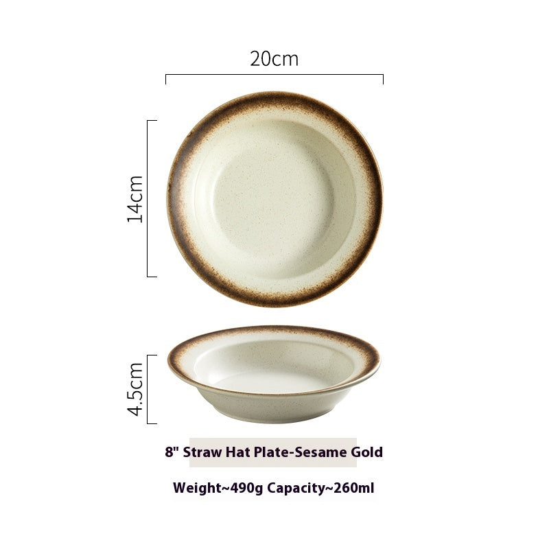 Ceramic Flat Plate with Straw Hat Design - Household Dinnerware Set