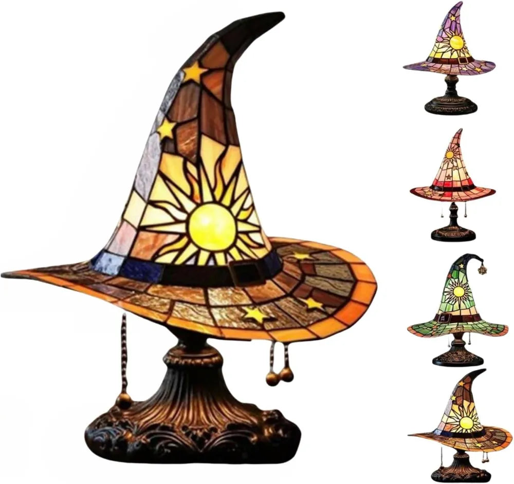 Handmade Gothic Witch Hat Night Light - Stained Glass LED Lamp