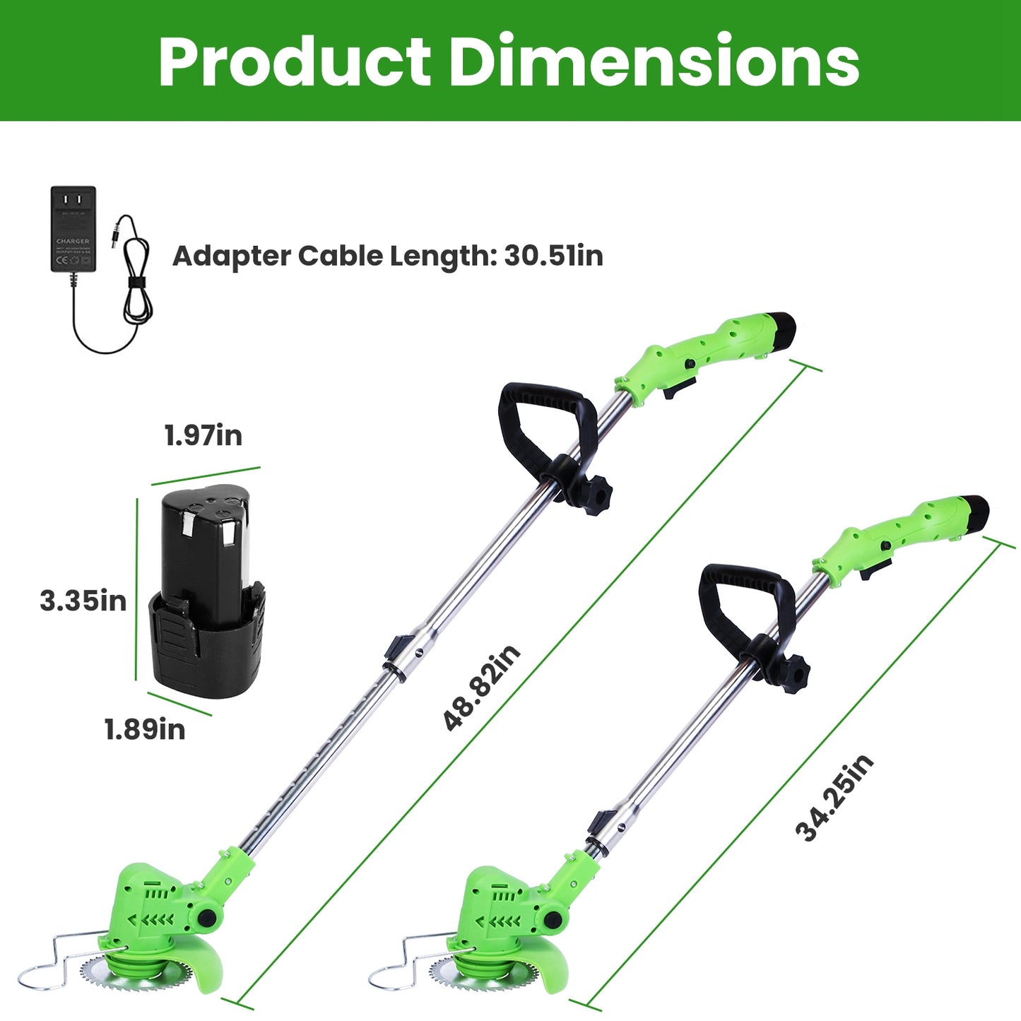 Cordless 12V 200W Grass Trimmer with 3 Blades & Adjustable Handle