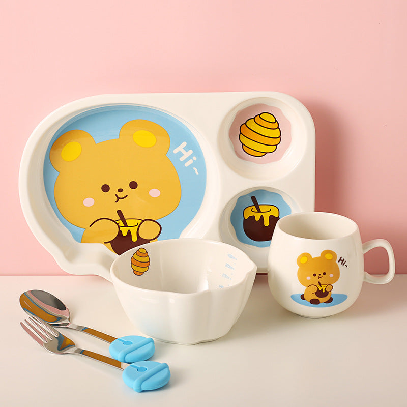 Children's Dinnerware Set with Cartoon Rabbit Design - Plates, Bowls, Cups & Utensils, Multiple Pieces