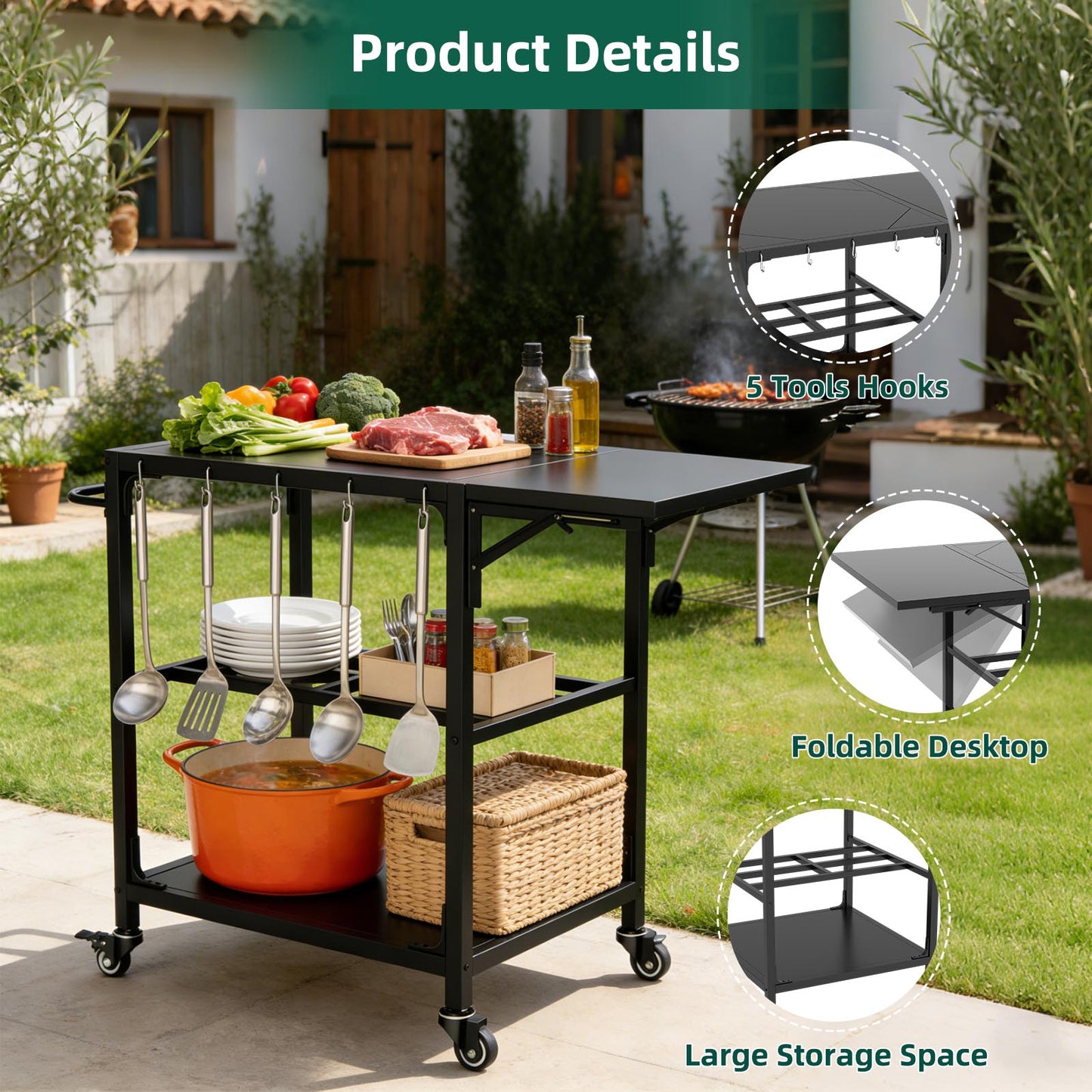 Heavy Duty Metal Outdoor Grill Table for Big Green Egg & Kamado Grills - Black