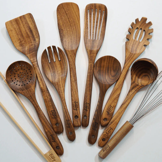 Wooden Kitchen Spatula Set - Long Handle Teak Turners, 10 Pieces