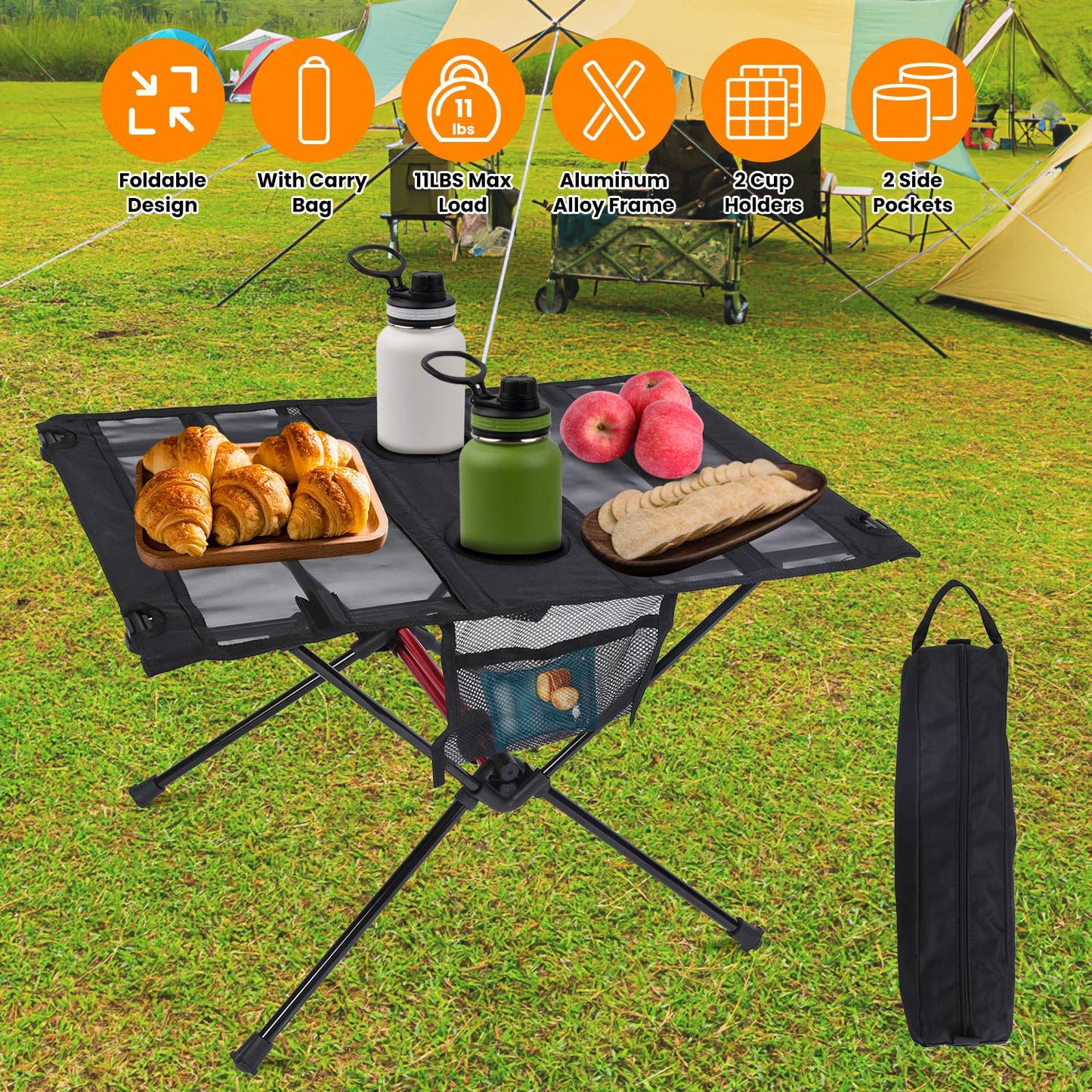 Portable Folding Camping Table with Cup Holders & Storage Bag - Black