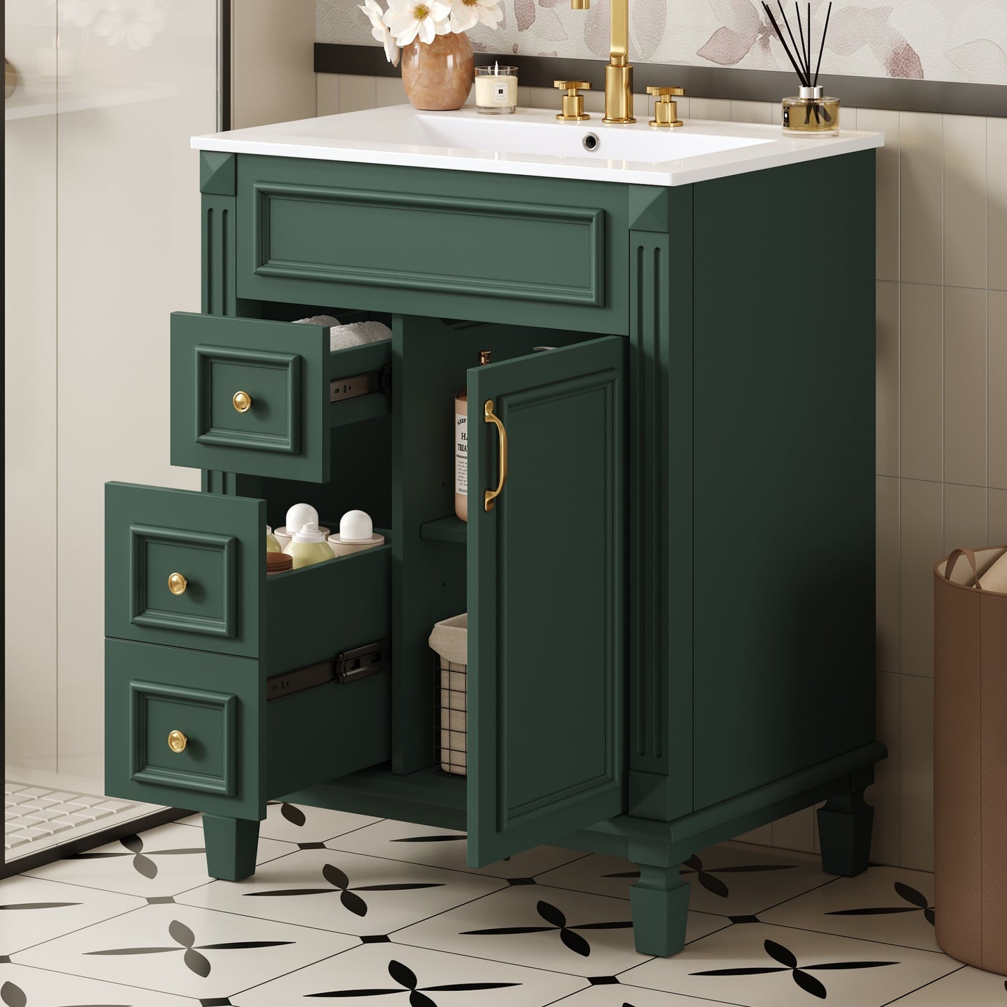 24 Bathroom Vanity With Ceramic Sink, Small Sink Cabinet, Modern