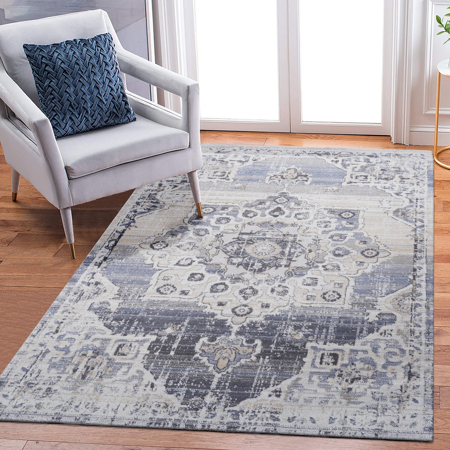 PAYAS 6X9 Cream Blue Medallion Area Rug