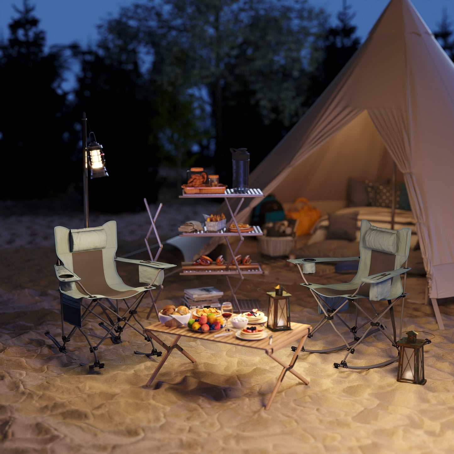 Folding Rocking Camping Chairs Set with Cooler Bag & Cup Holder - Gray