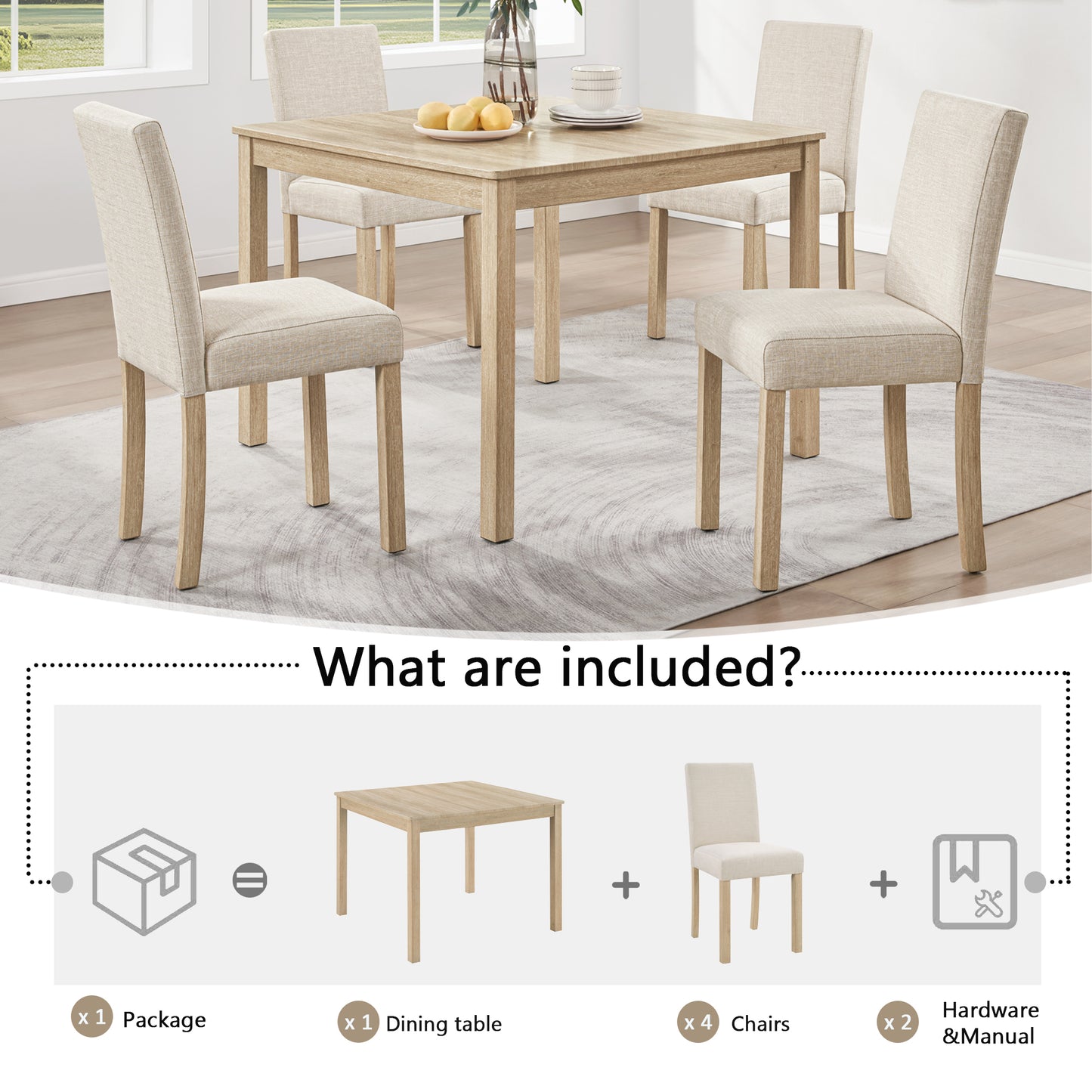 5-Piece Dining Table Set with 4 Chairs - Light Oak