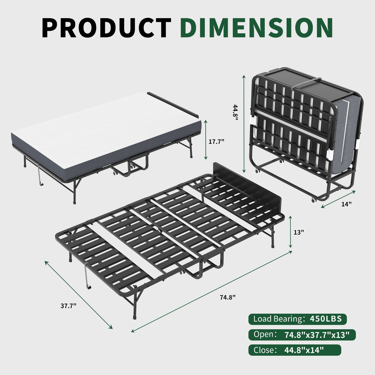 75 X38 Folding Bed With Adjustable Headboard, 5 Memory Foam Rollaway