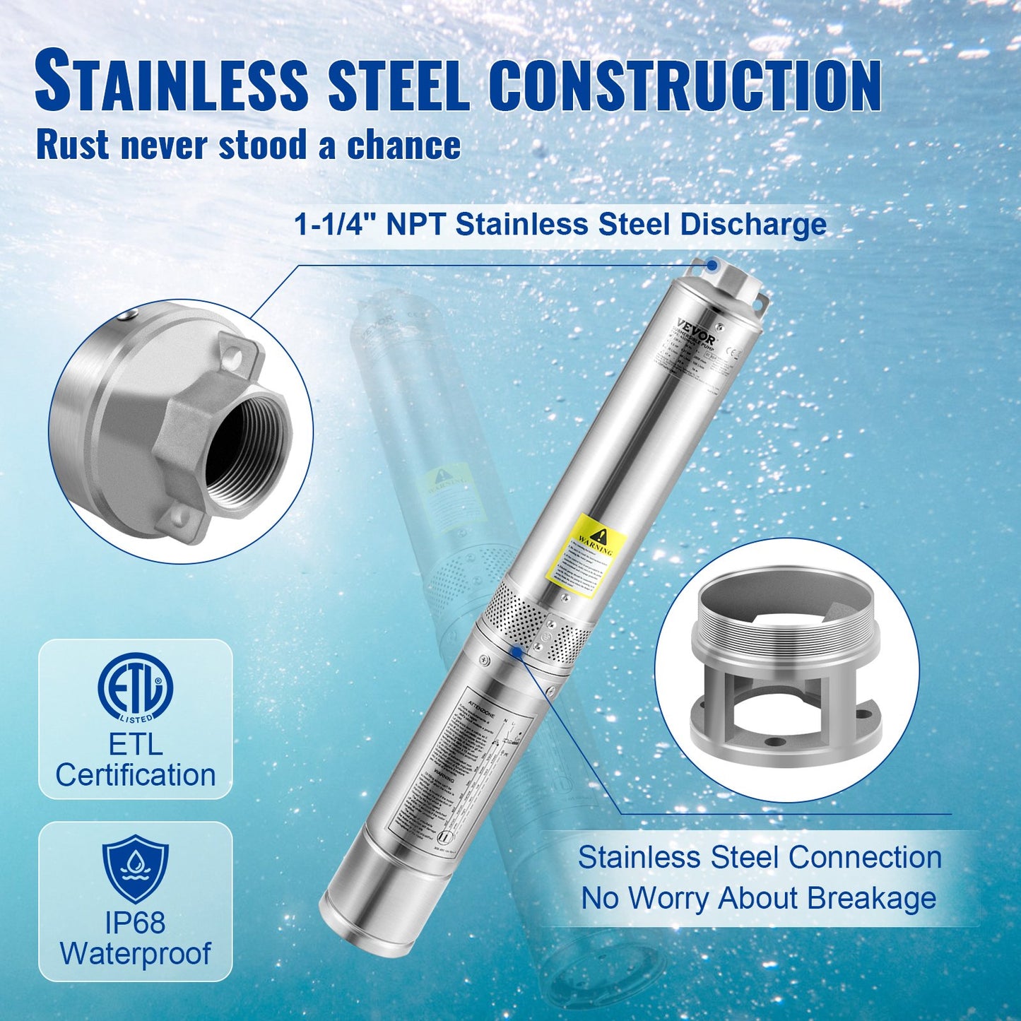Deep Well Submersible Pump 1.5HP 230V Stainless Steel Water Pump for Irrigation & Home Use