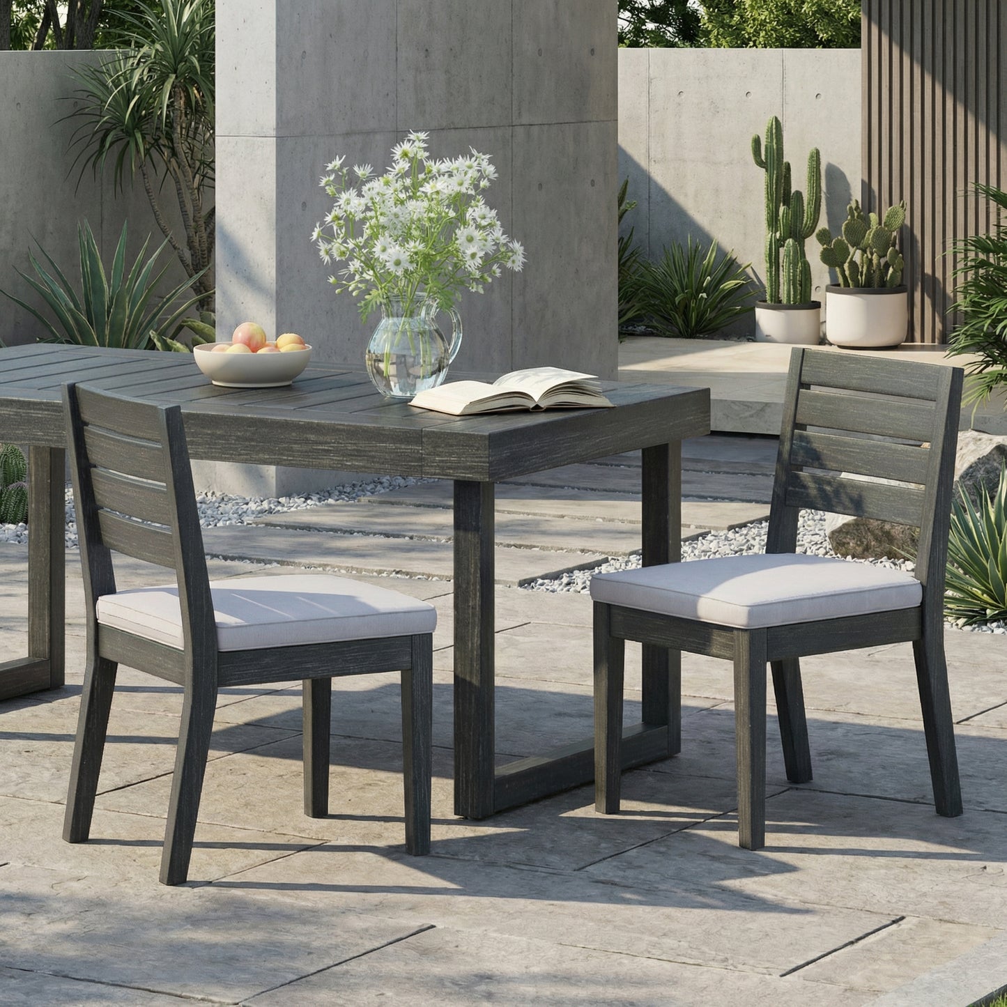 Outdoor Acacia Wood Armless Dining Chairs with Cushions - Set of 2, Light Gray