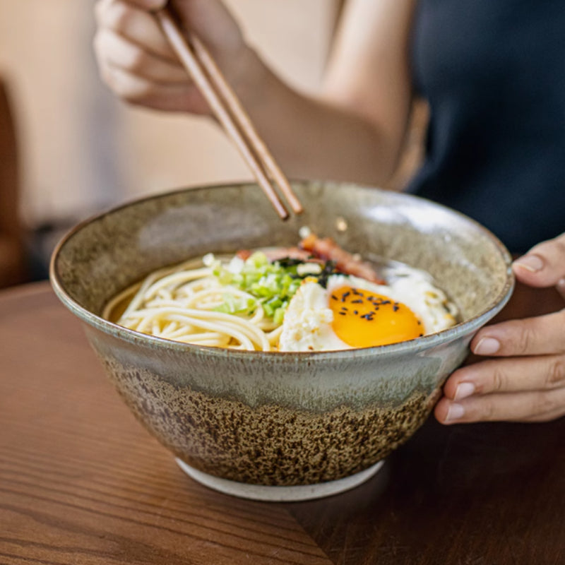 Large Ceramic Ramen Bowl - Vintage Open Noodle Bowl with Anti-Scald Feature, Verdigris