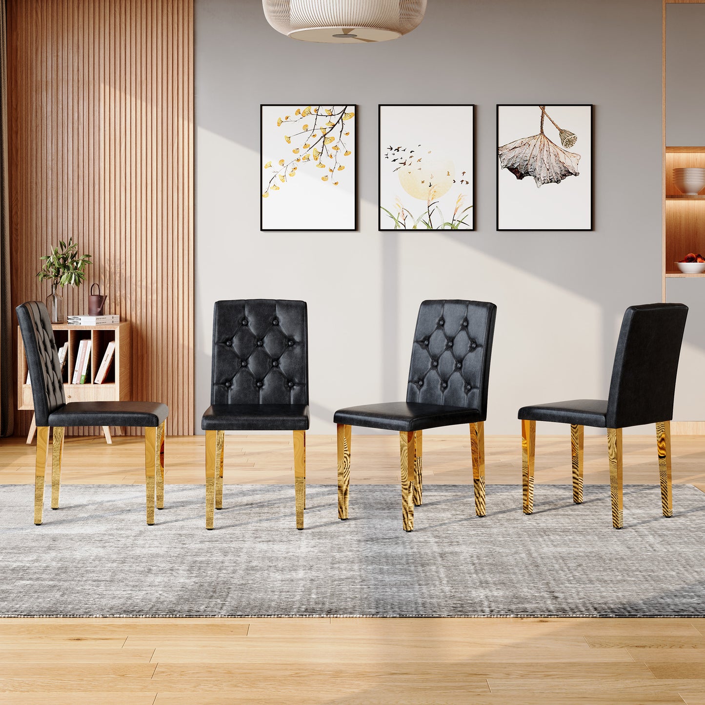 4-pack Black PU Dining Chairs Ergonomic Buckle Backrest, 35 Inches
