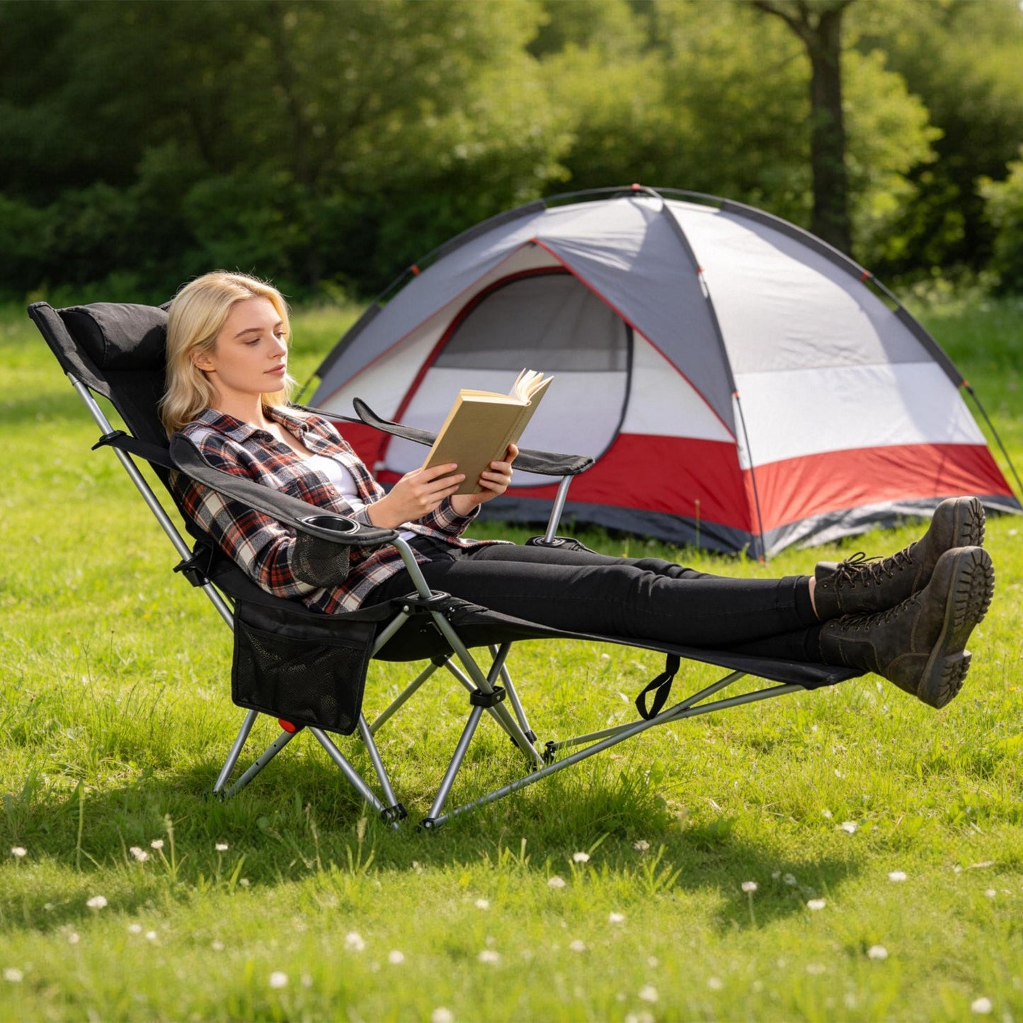 Adjustable Reclining Camping Chair with Footrest & Cup Holder