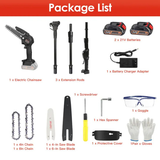 Cordless Pole Chainsaw & Mini Chainsaw Set with Adjustable Length and Batteries