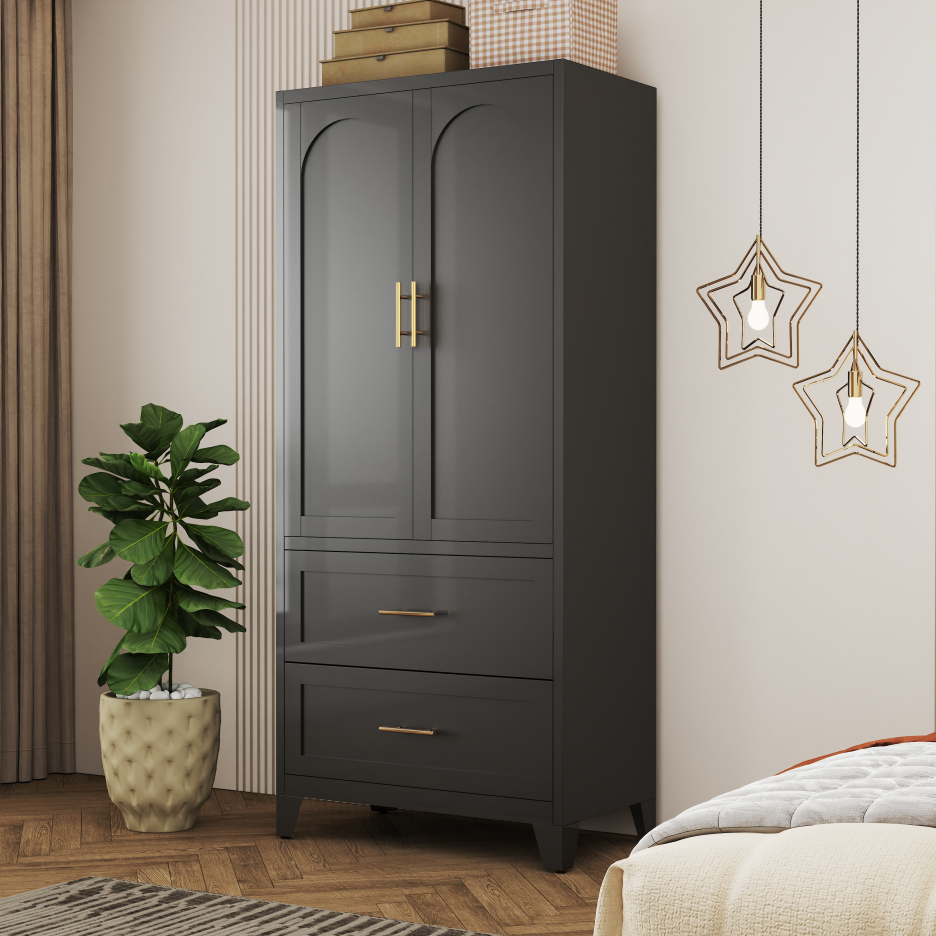 71" Tall Metal Wardrobe Cabinet with 2 Drawers & Shelf - Black