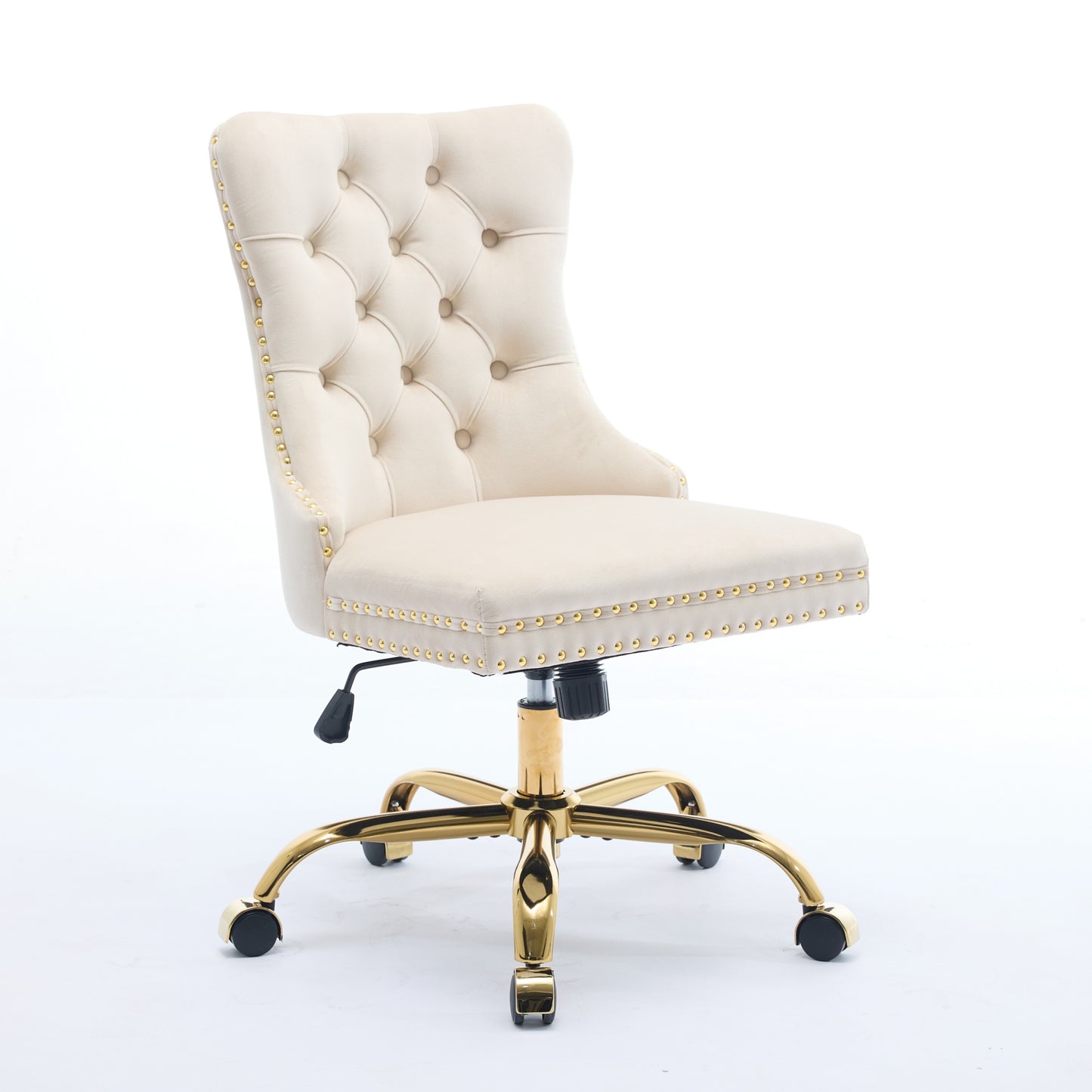 Beige Velvet Office Chair - Modern Tufted Design with Golden Base