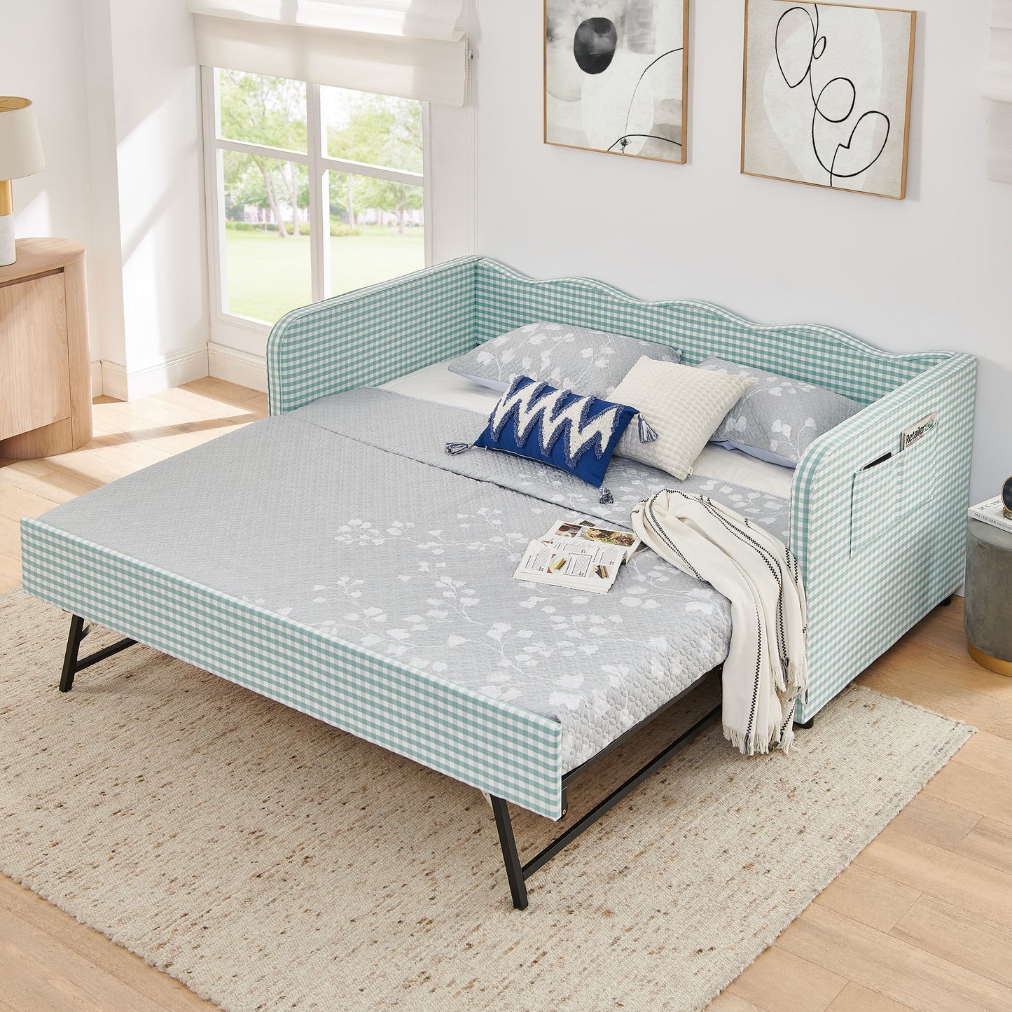 Twin Size Gingham Upholstered Daybed with Pull-Out Trundle & Storage - Cyan