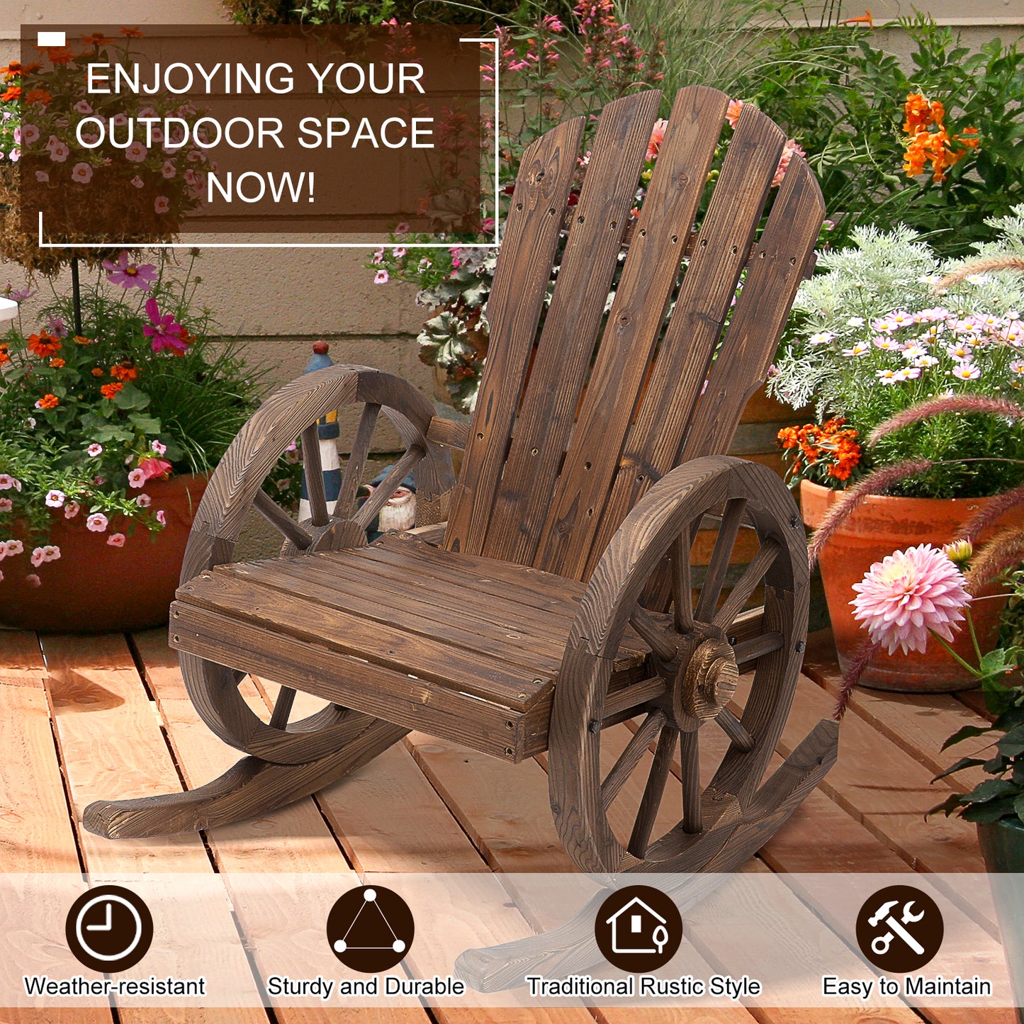 Adirondack Rocking Chair with Wagon Wheel Armrests - Carbonized