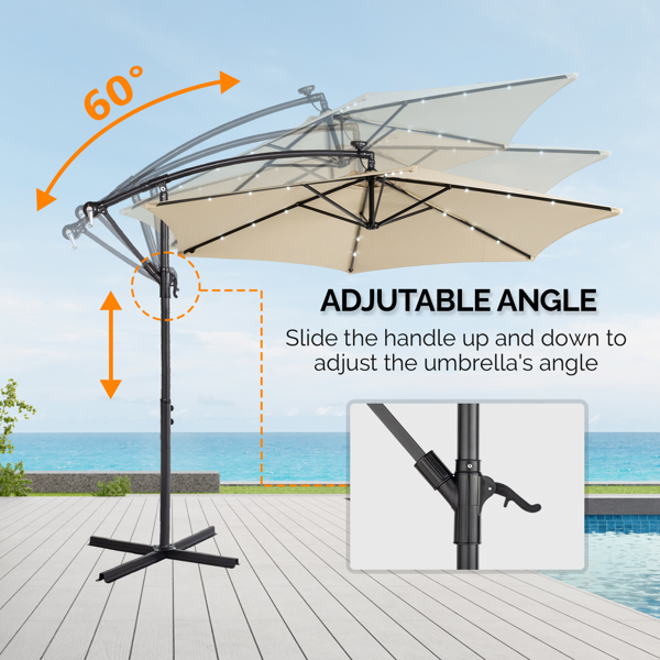 10FT Round Patio Hanging Umbrella with LED Lights - Khaki