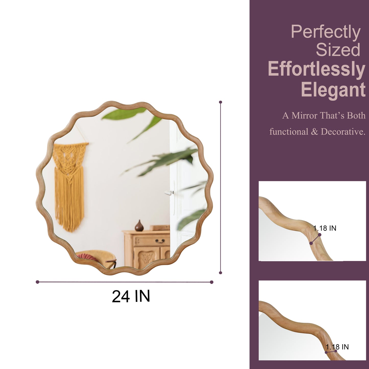 24-Inch Wavy Round Solid Wood Frame Decorative Mirror - Natural Wood