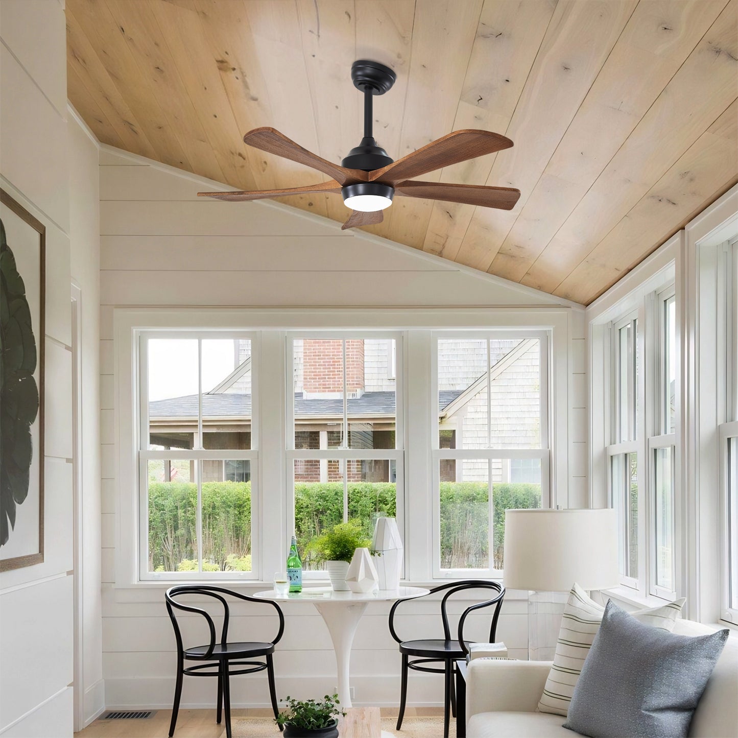 42" Solid Wood Blades Ceiling Fan with Lights & Remote Control - Matte Black