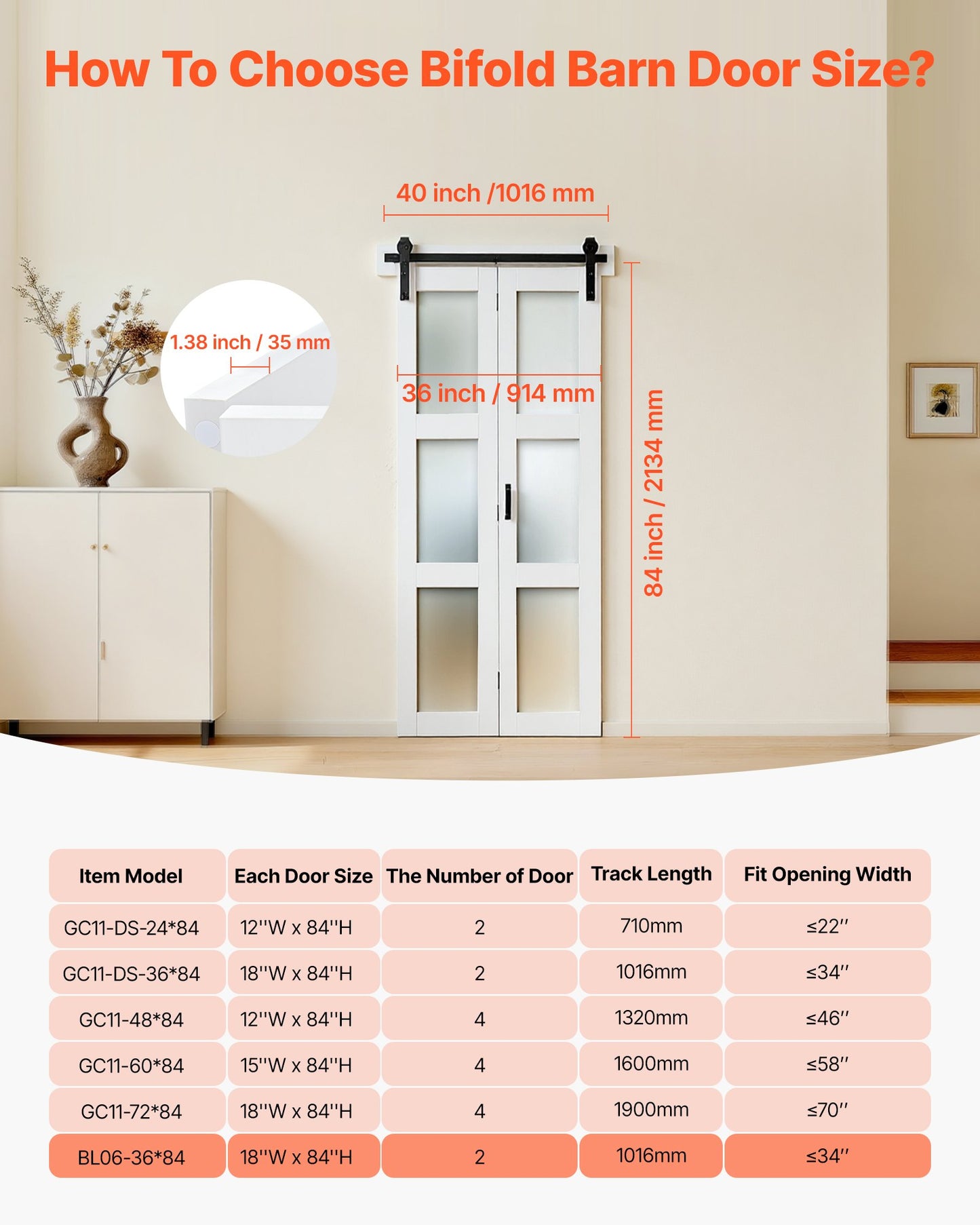 Bifold Barn Door 36x84 Inches with Tempered Glass - Space-Saving Closet Door, White